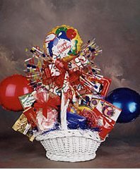 birthday gift basket with balloons