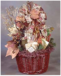Burgunday gift basket bursting with chocolate, pecans, cookies, cheese and crackers.