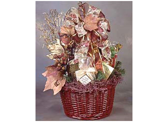 Burgunday gift basket bursting with chocolate, pecans, cookies, cheese and crackers.