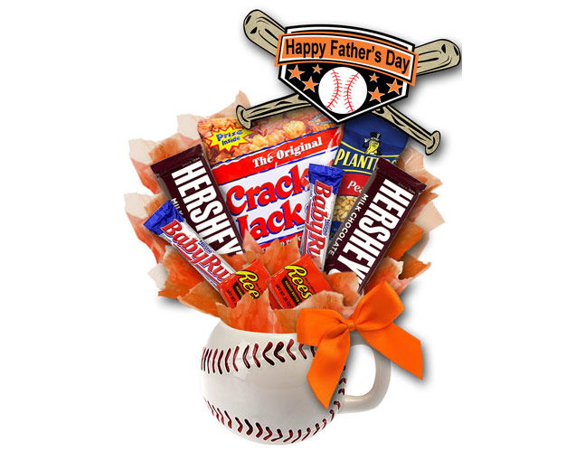 Father's Day Ceramic Baseball Mug filled with sweet and salty treats