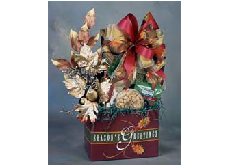 Season's Greeting gift box bursting with gourmet treats.
