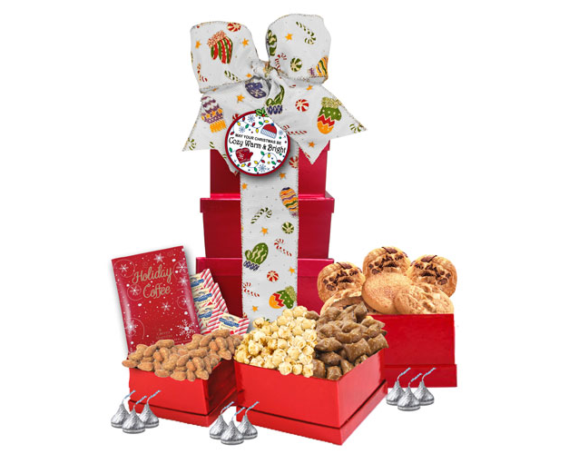 Image Gift Tower filled with peanut butter pretzels, cookies, popcorn, nuts, chocolate 