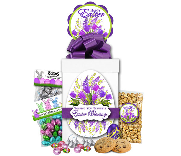 Image Easter Blessings gift box tied with purple bow and filled with Easter candy, chocolate, cookies and popcorn.