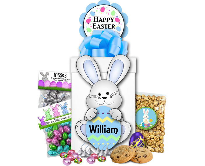 Image Blue Easter Bunny gift box filled with chocolate, cookies and popcorn.
