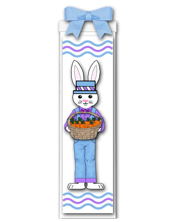 Image Gift box with boy Easter Bunny holding a basket of carrots.