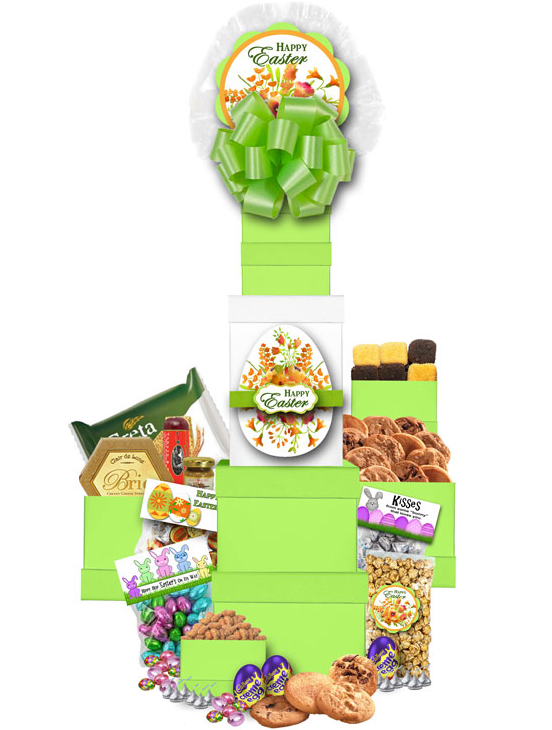 Image Large Five Box Easter Tower filled with sweet and savory treats including chocolate, cookies, popcorn, chocolate eggs 