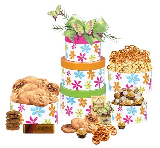 Mother's Day Gift Tower filled with gourmet sweet treats.