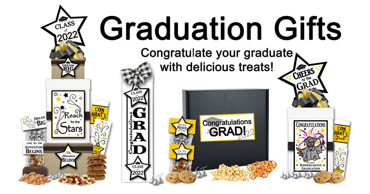 Graduation gift boxes filled with gourmet goodies.