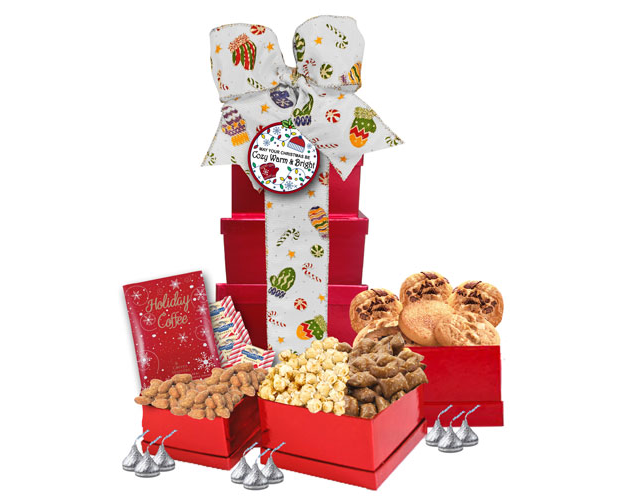 Image Gift Tower filled with peanut butter pretzels, cookies, popcorn, nuts, chocolate 