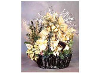 Decadent assortment of gourmet treats in a hunter green holiday gift basket.