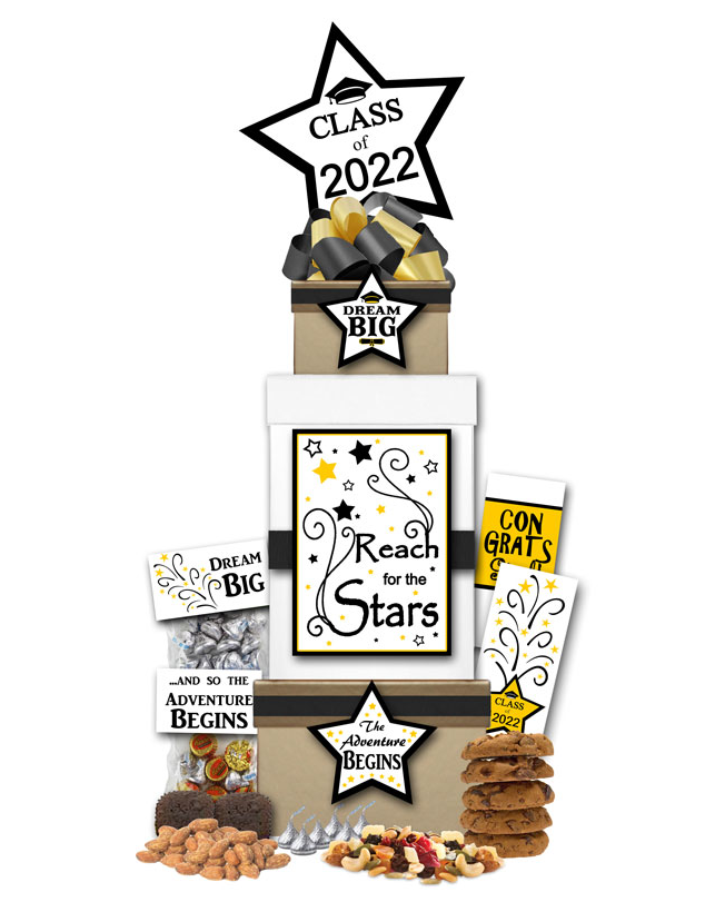 Image 2022 Graduation gift tower with assorted treats and star balloon