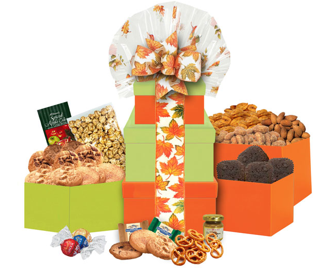 Image Fall leaves ribbon on green & orange gift boxes filled with brownies, nuts, cookies, popcorn, pretzels, chocolate