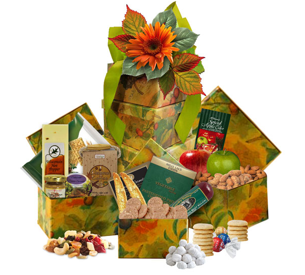Image Beautiful fall fruit themed gift boxes filled the fruit, nuts, chocolate, cheese & crackers, biscotti, sausage, etc