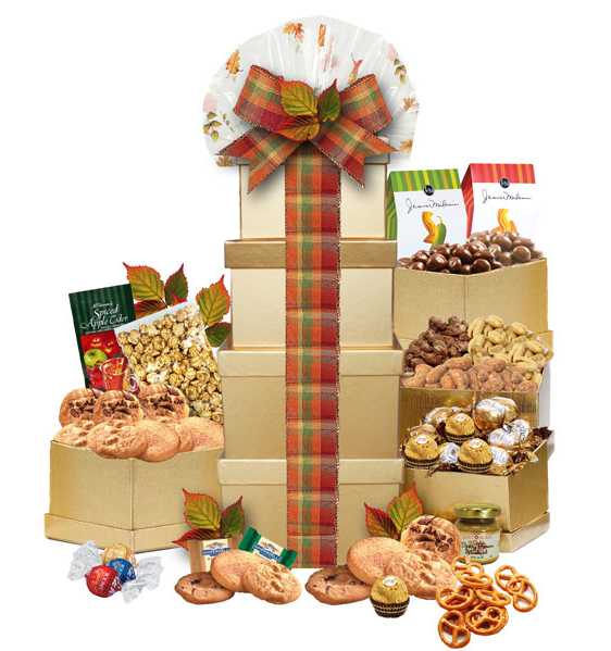 Image Fall plaid ribbon on gold towers filled with sweet and savory treats. 