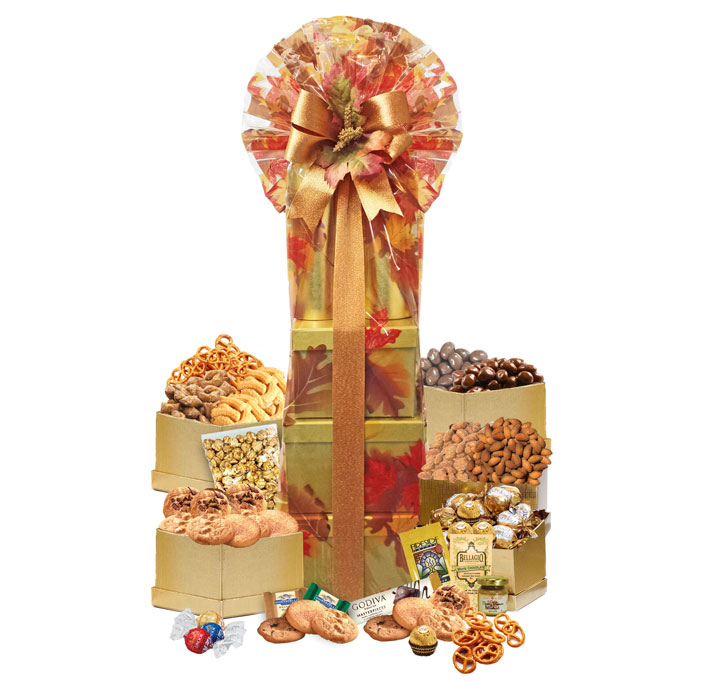 Image Gold Tower with fall leaves filled with chocolate nuts, popcorn, coffee, cookies, pretzels, etc.