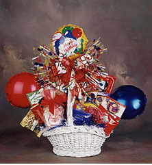 Gift Basket with balloons and gourmet sweets.