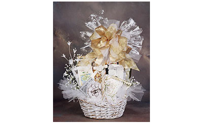 Wedding themed basket of goodies.