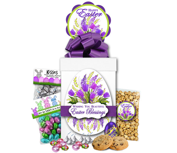 Image Easter Blessings gift box tied with purple bow and filled with Easter candy, chocolate, cookies and popcorn.