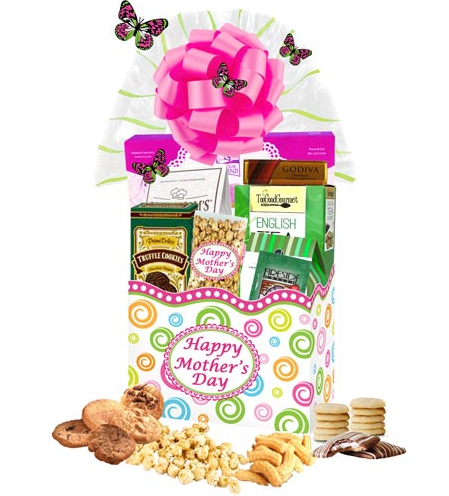 Image Happy Mother's Day gift basket with pink bow, butterflies, and gourmet treats and chocolate