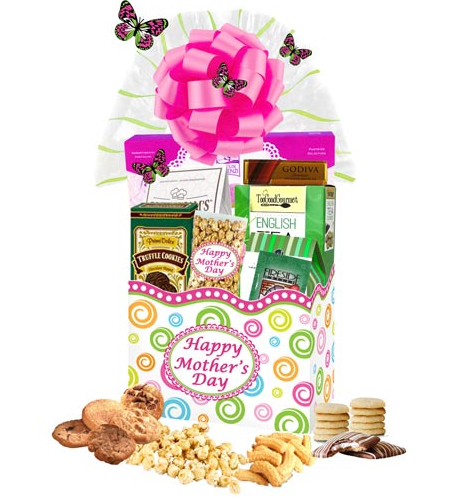 Image Happy Mother's Day gift basket with pink bow, butterflies, and gourmet treats and chocolate