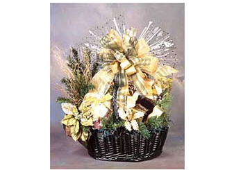 Decadent assortment of gourmet treats in a hunter green holiday gift basket.