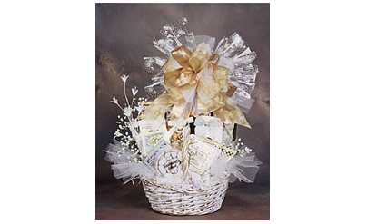 Wedding themed basket of goodies.